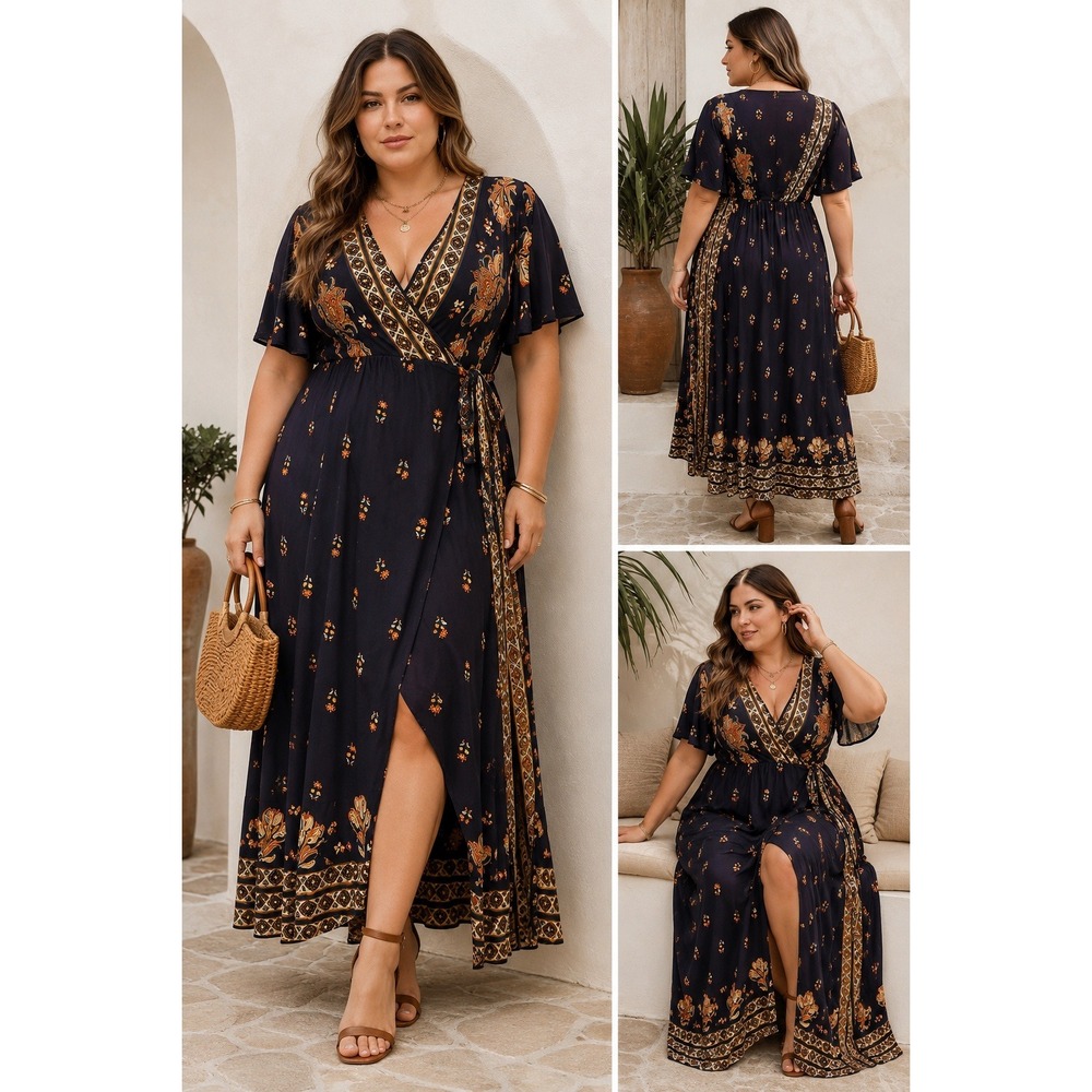 NEW Reborn Wrap Dress Women's 3X‎ Navy Yellow Floral Boho Maxi